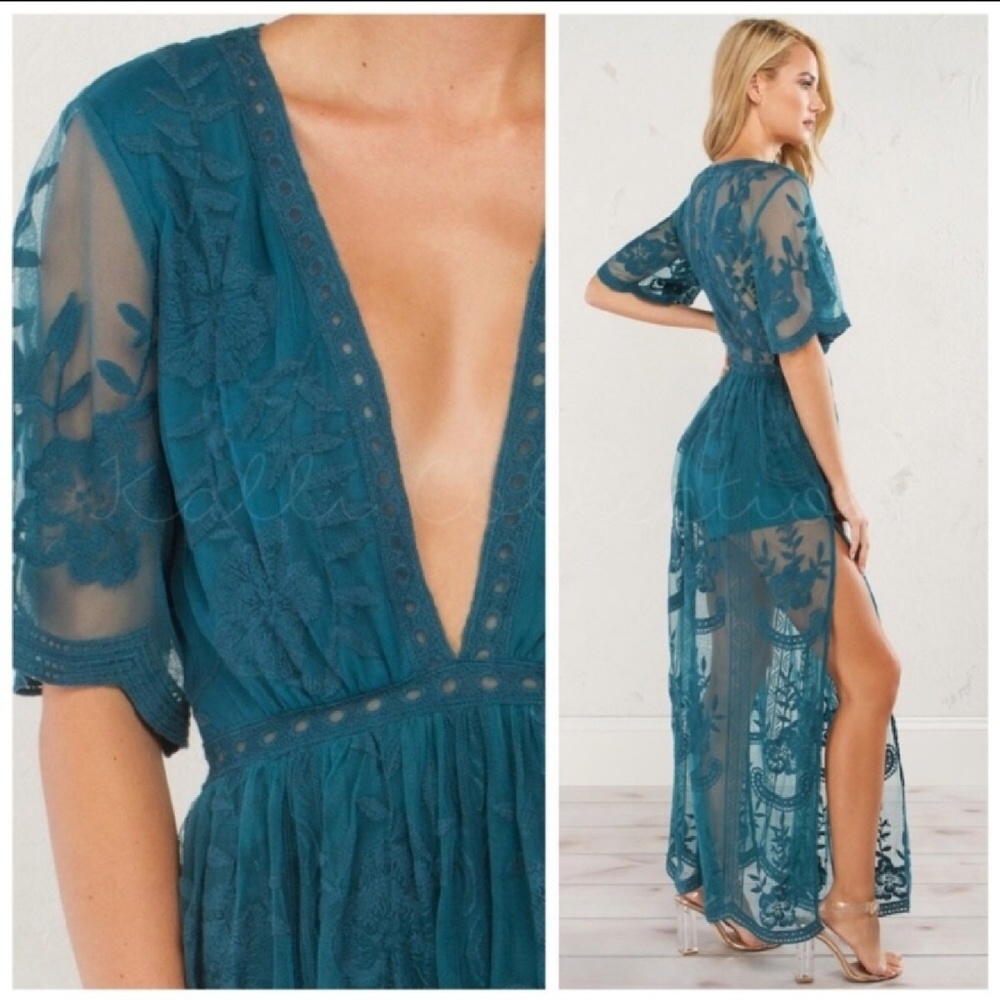 🔮5-star Teal Boho Goddess Lace Maxi Romper - Picture 3 of 8